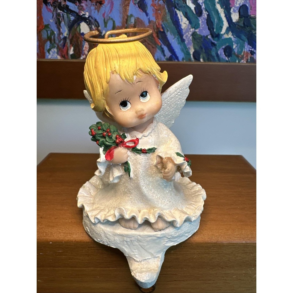 Vintage Holly Babes Angel Halo Christmas Stocking Hanger Holiday Cast Iron Base